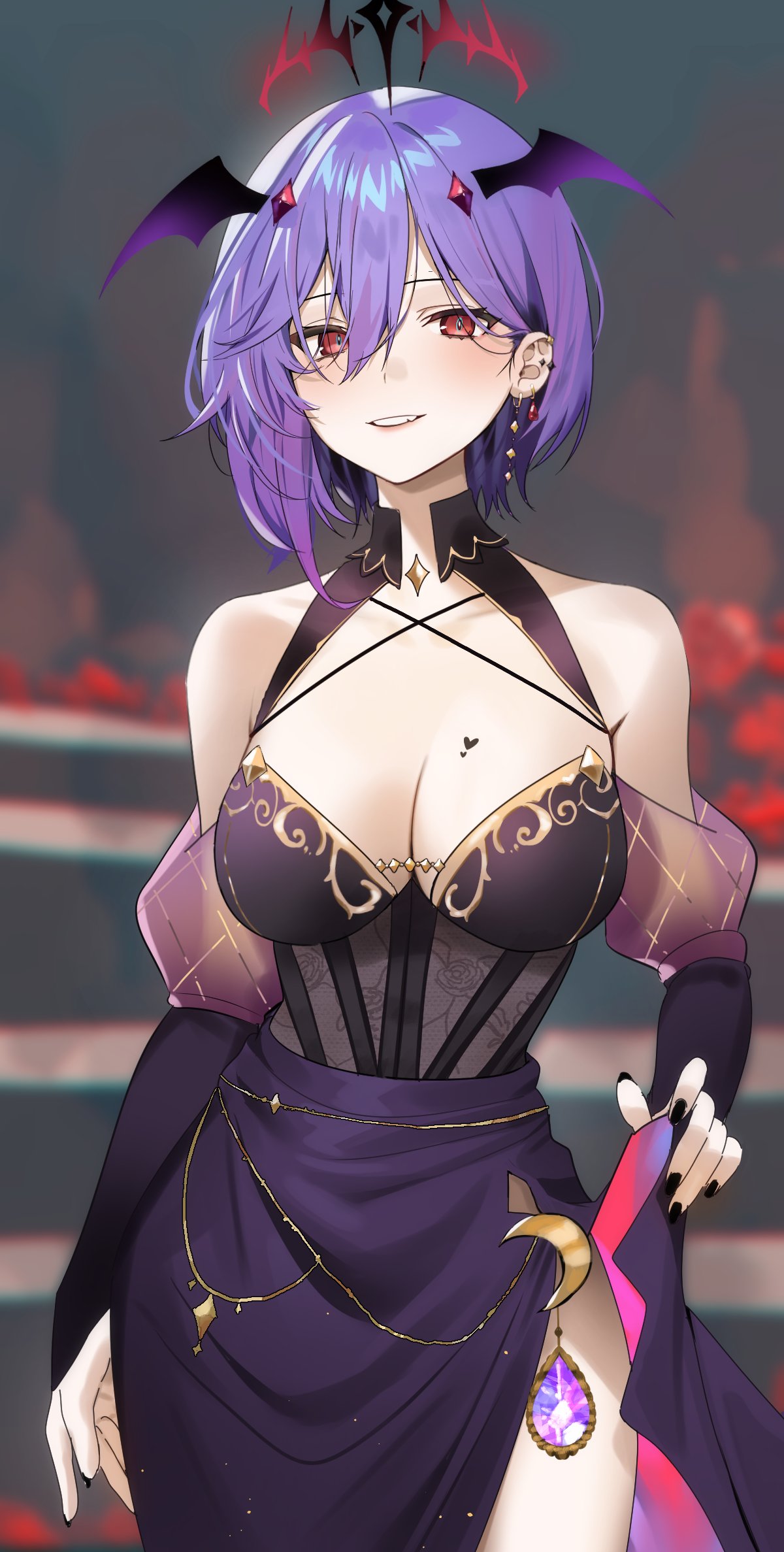 1girl bare_shoulders black_nails breasts cleavage commentary cowboy_shot criss-cross_halter dress grin halterneck hievasp highres indie_virtual_youtuber looking_at_viewer mythia_batford nail_polish purple_hair red_eyes short_hair smile solo standing