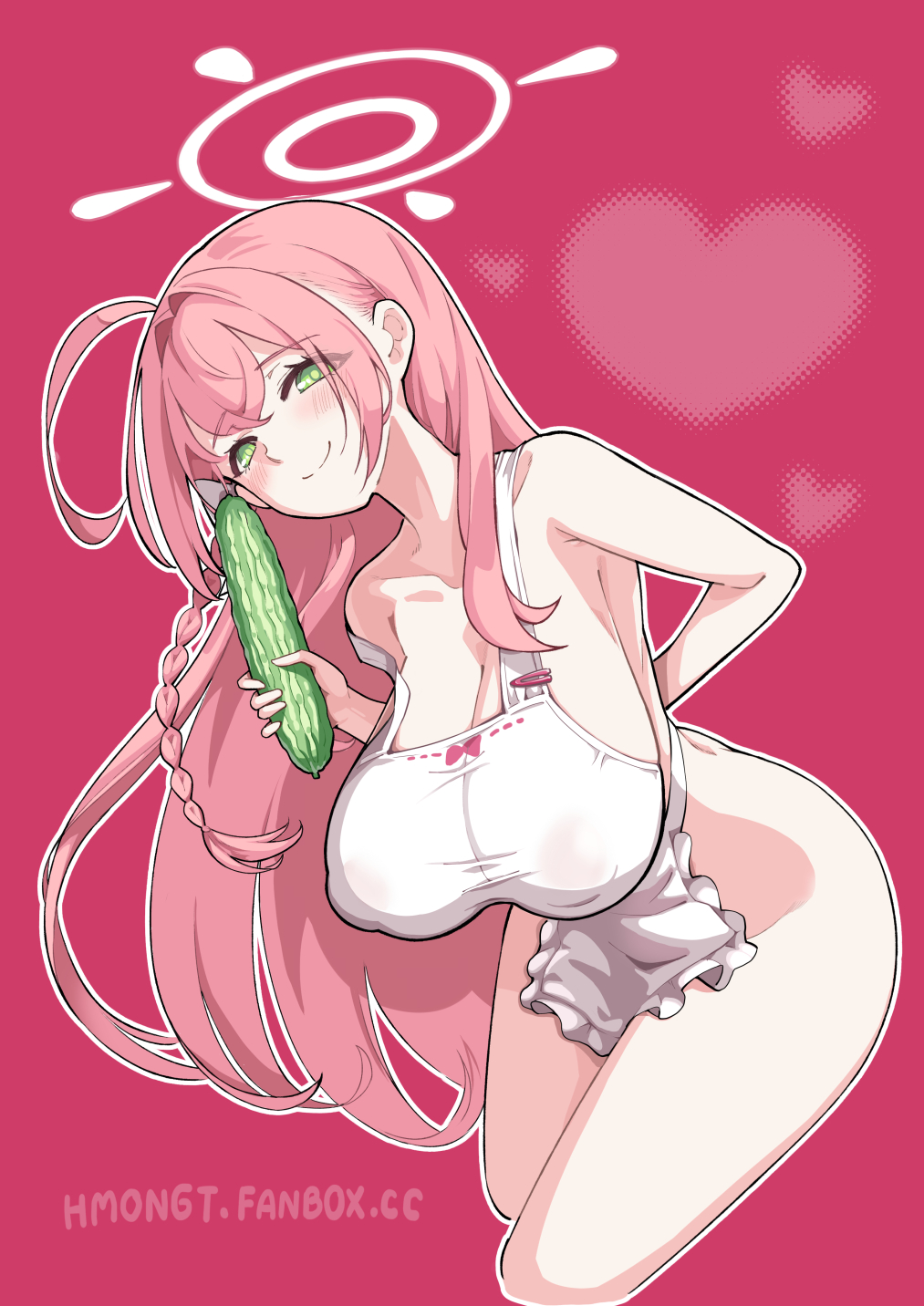 1girl ahoge apron blue_archive blush braid breasts cleavage closed_mouth collarbone commentary covered_nipples cowboy_shot cropped_legs cucumber food green_eyes halo hanako_(blue_archive) highres hm_(hmongt) holding holding_food holding_vegetable large_breasts long_hair looking_at_viewer naked_apron pink_background pink_hair pink_halo simple_background single_braid smile solo vegetable white_apron