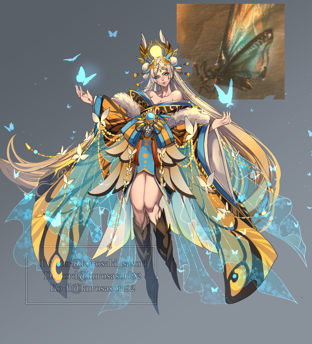 1girl antennae arthropod_girl bioluminescence blue_eyes bug giant giant_monster glowing godzilla:_king_of_the_monsters godzilla_(series) gold_skin humanization insect_wings kaijuu kurosaki_sasori long_hair monster_girl monsterverse moth moth_girl moth_wings mothra mothra_(monsterverse) personification smile spines very_long_hair wings