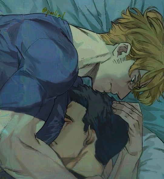 2boys ao_isami bara between_pectorals biting_own_lip black_hair blonde_hair comforting couple crying facial_hair from_above from_side hand_on_another's_head head_between_pecs lewis_smith male_focus multiple_boys on_bed pectorals pmlial profile shirt sideburns_stubble stubble t-shirt thick_eyebrows yaoi yuuki_bakuhatsu_bang_bravern