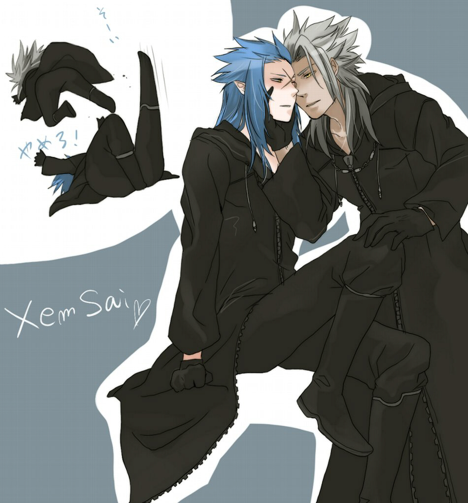 2boys arms_up black_coat black_coat_(kingdom_hearts) black_footwear black_gloves black_pants blue_hair boots character_name chibi chibi_inset clenched_hand coat commentary_request cross_scar dark_skin forehead-to-forehead full-length_zipper gloves grey_background grey_hair hair_slicked_back half-closed_eyes hand_on_another's_face hand_on_another's_knee heads_together heart hood hood_down imminent_kiss invisible_chair jumping kicking kingdom_hearts kingdom_hearts_ii knee_boots knee_up leaning_forward leg_up lying male_focus minatoya_mozuku multiple_boys noses_touching on_back outline pants parted_lips pointy_ears pouncing saix scar sidelocks simple_background sitting spiked_hair standing white_outline xemnas yaoi yellow_eyes zipper