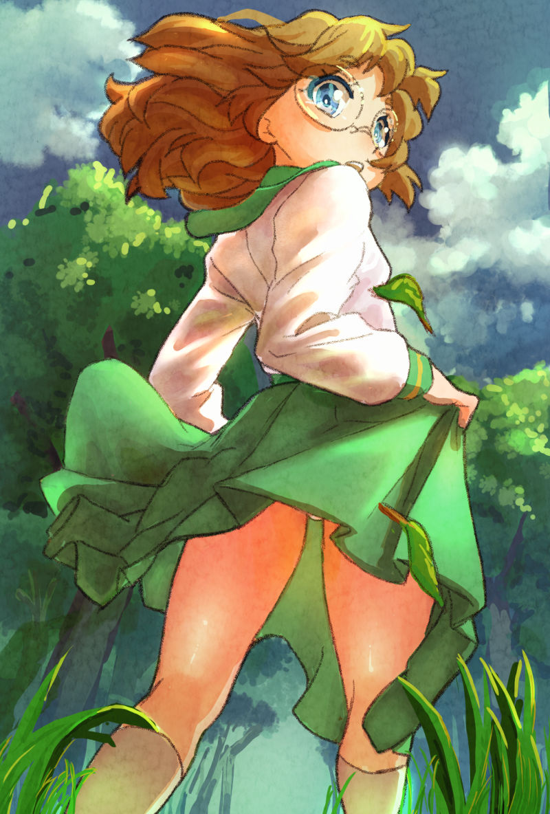 1girl blue_eyes brown_hair cloud ei_(eikun) glasses grass green_skirt ichinose_minori leaf looking_at_viewer looking_back nature open_mouth outdoors panties panty_peek precure round_eyewear school_uniform serafuku short_hair skirt sky solo tree tropical-rouge!_precure underwear white_panties wind