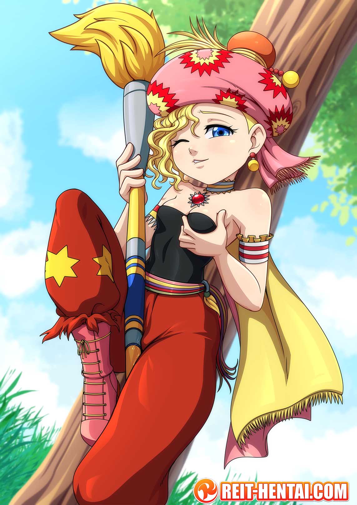 1girl black_tube_top blonde_hair blue_eyes blue_sky breasts cape cloud cloudy_sky earrings english_text final_fantasy final_fantasy_vi giant_brush grabbing_own_breast highres holding holding_paintbrush jewelry looking_at_viewer medium_breasts one_eye_closed outdoors paintbrush pants parted_lips pink_footwear pink_turban red_pants reit relm_arrowny short_hair sky solo star_(symbol) star_print strapless tree tube_top turban yellow_cape