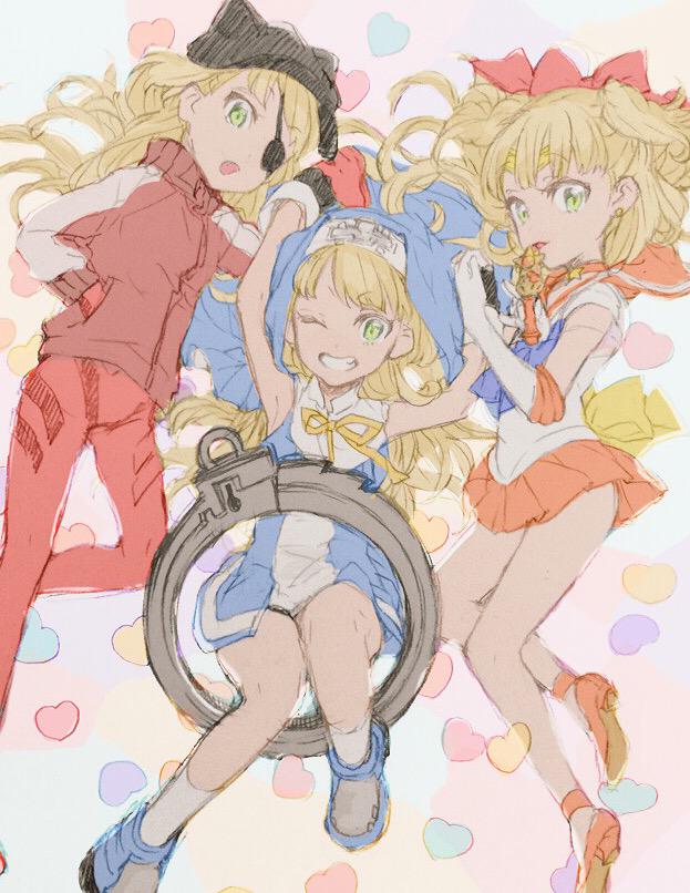 3girls bishoujo_senshi_sailor_moon blonde_hair bridget_(guilty_gear) bridget_(guilty_gear)_(cosplay) cosplay dress evangelion:_3.0_you_can_(not)_redo eyepatch gacho_p guilty_gear hat idolmaster idolmaster_cinderella_girls jacket jougasaki_rika long_hair looking_at_viewer miniskirt multiple_girls multiple_views neon_genesis_evangelion one_eye_closed plugsuit rebuild_of_evangelion sailor_venus sailor_venus_(cosplay) sketch skirt smile souryuu_asuka_langley souryuu_asuka_langley_(cosplay)