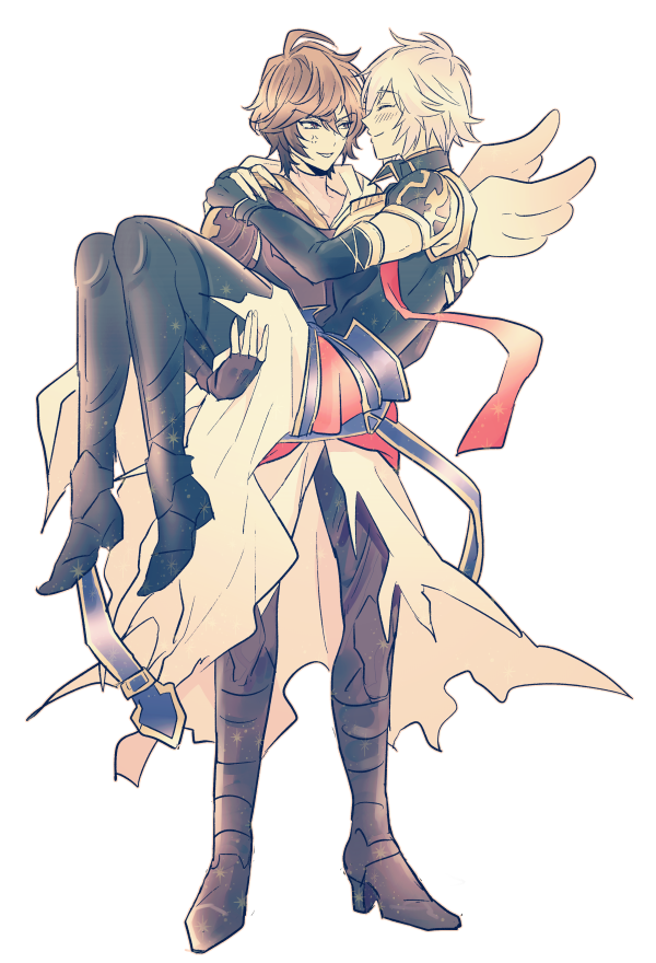 2boys ahoge angel_wings anger_vein angry armor arms_around_neck belt blue_belt blush boots brown_hair cape carrying closed_eyes commentary_request elbow_gloves false_smile fingerless_gloves full_body gloves granblue_fantasy hair_between_eyes high_heel_boots high_heels hood hood_down leather leather_pants lucio_(granblue_fantasy) majime_(scantyxxx) male_focus messy_hair mini_wings multiple_boys pants princess_carry red_ribbon ribbon sandalphon_(granblue_fantasy) short_hair short_sleeves shoulder_armor smile tight_clothes tight_pants turtleneck white_background white_cape white_hair white_wings wings yaoi