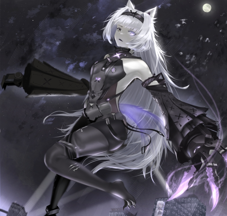 1girl animal_ears armlet backless_bodysuit black_bodysuit black_hairband bodysuit breasts city claw_(weapon) detached_sleeves full_moon grey_eyes grey_hair hair_intakes hairband heterochromia long_hair long_sleeves mechanical_ears mechanical_hands moon no.21:_feral_scent_(punishing:_gray_raven) no.21_(punishing:_gray_raven) punishing:_gray_raven saif_artz sidelocks sleeveless sleeveless_bodysuit small_breasts solo tail very_long_hair weapon wolf_ears wolf_tail