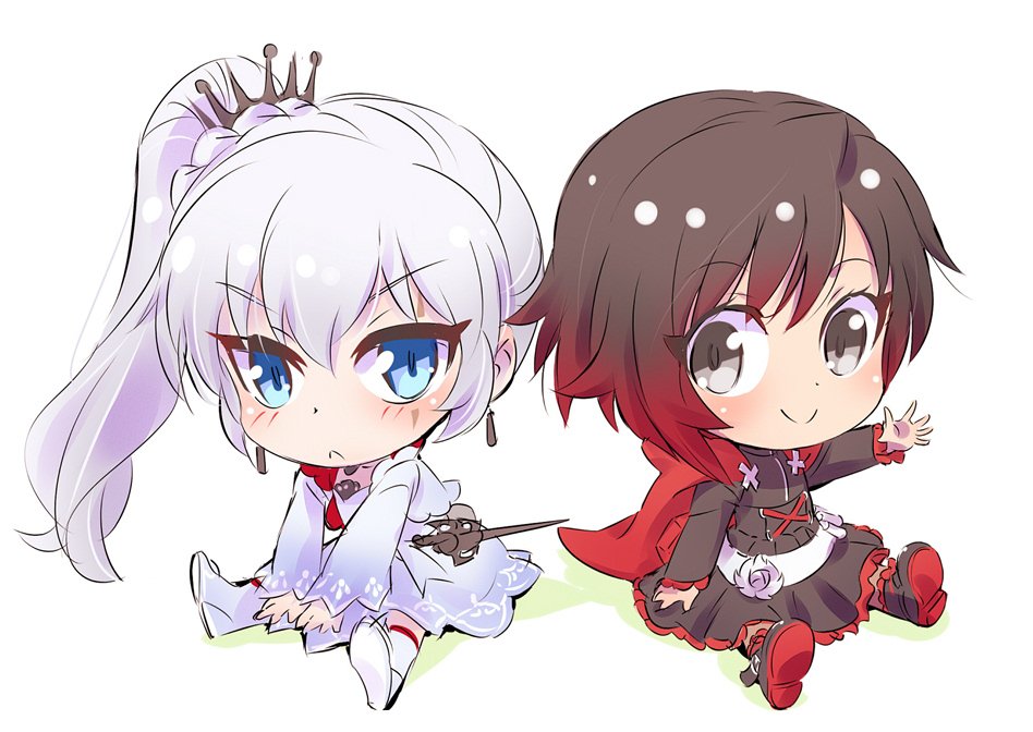 black_hair blue_eyes cape chibi commentary earrings highlights iesupa jewelry multicolored_hair multiple_girls myrtenaster ponytail red_hair ruby_rose rwby rwby_chibi scar scar_across_eye weiss_schnee white_hair