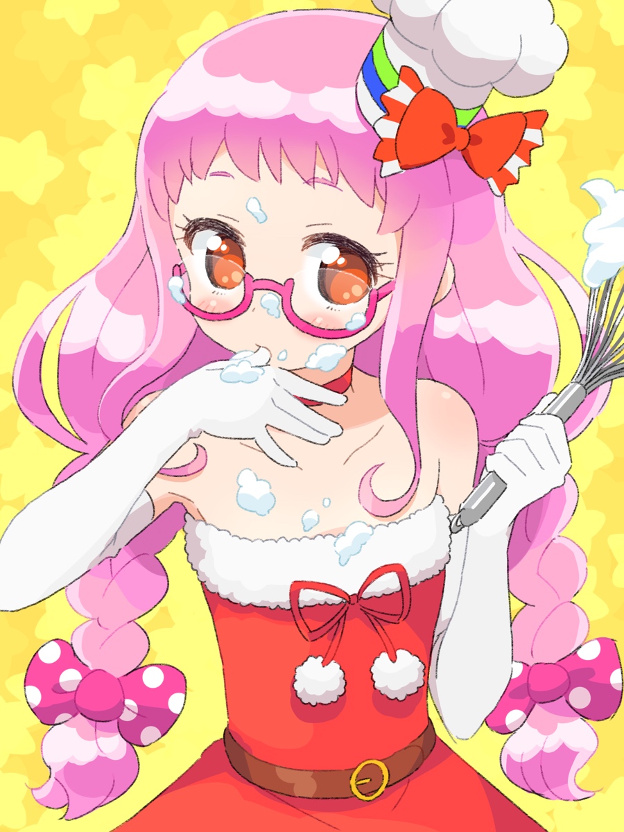 1girl bad_id bad_pixiv_id bare_shoulders belt blush bow braid brown_belt brown_eyes chef_hat commentary_request cowboy_shot cream cream_on_face dress elbow_gloves finger_in_own_mouth food food_on_face fur-trimmed_dress fur_trim glasses gloves hair_bow hands_up hat highres holding holding_whisk ikzw kiki_ajimi licking licking_finger long_hair looking_at_viewer pink-framed_eyewear pink_bow pink_hair polka_dot polka_dot_bow pretty_series pripara red_bow red_dress red_ribbon ribbon santa_dress solo strapless strapless_dress twin_braids whisk white_gloves white_hat yellow_background