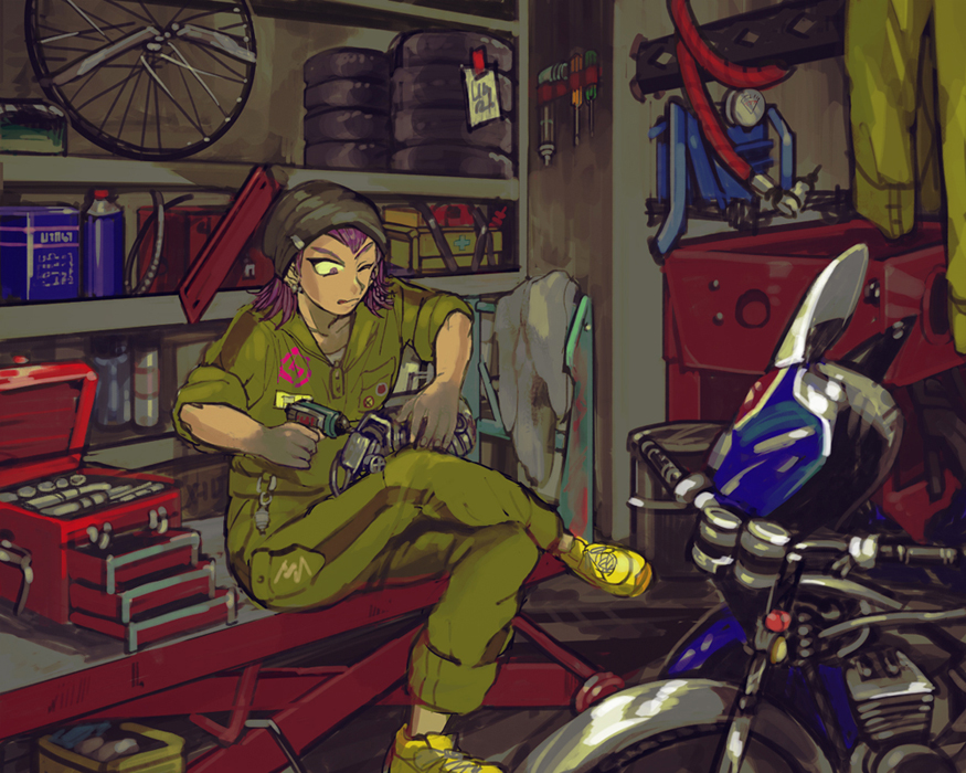 1boy beanie black_hat collarbone crossed_legs danganronpa_(series) danganronpa_2:_goodbye_despair drill earrings engine fon-due_(fonfon) garage hat hose indoors jewelry jumpsuit looking_at_object male_focus motor_vehicle motorcycle one_eye_closed screwdriver shoes sitting sneakers soda_kazuichi solo tire toolbox yellow_footwear yellow_jumpsuit