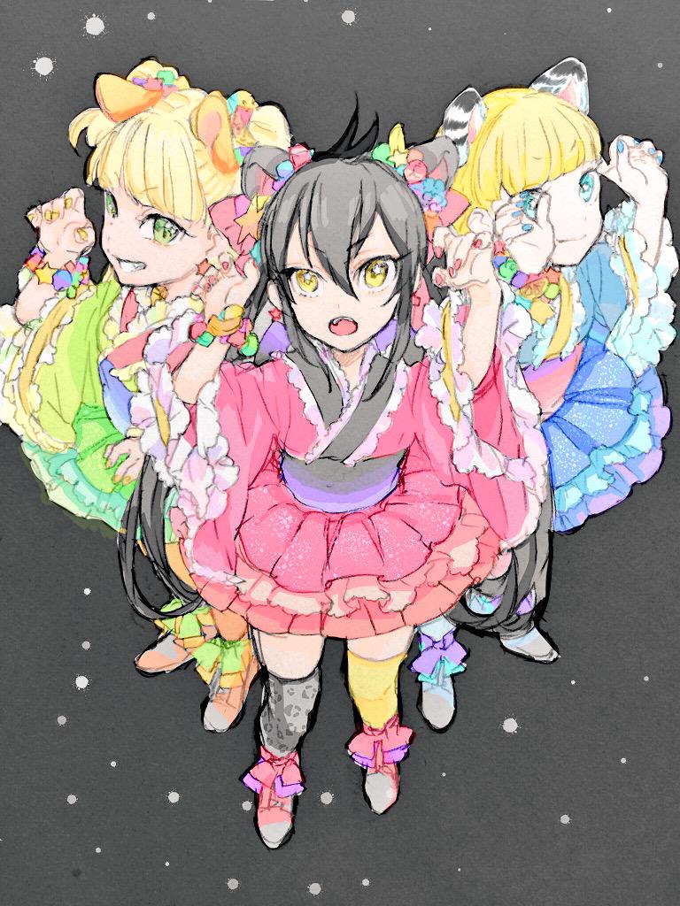 3girls animal_ears black_hair blonde_hair blue_eyes blue_kimono claw_pose fake_animal_ears frilled_kimono frills full_body gacho_p green_eyes green_kimono grin idolmaster idolmaster_cinderella_girls japanese_clothes jougasaki_rika kimono long_hair looking_at_viewer mary_cochran matoba_risa multiple_girls open_mouth pink_kimono short_kimono smile teeth twintails yellow_eyes