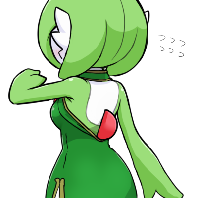 1girl back_cutout blush bob_cut chinese_clothes clothing_cutout colored_skin dress flying_sweatdrops from_behind gardevoir green_dress green_hair lowres multicolored_skin pokemon pokemon_(creature) rmtwo simple_background two-tone_skin white_background white_skin