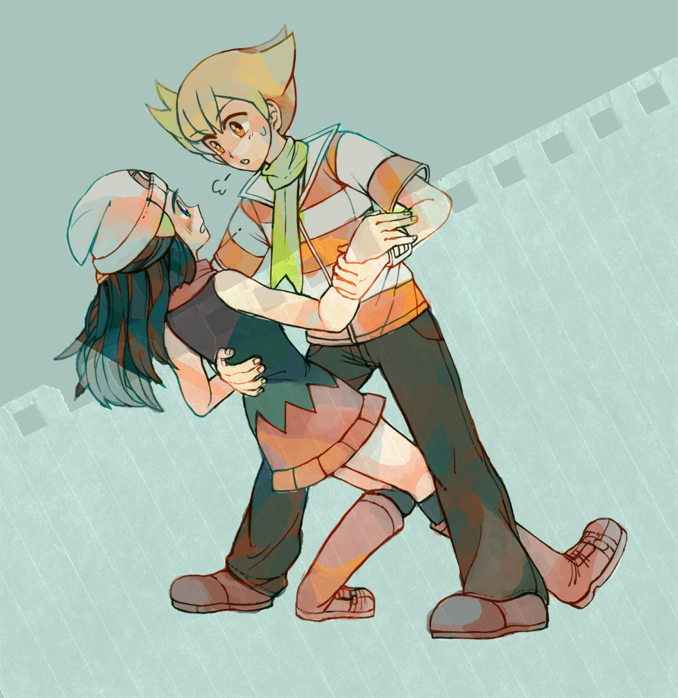 1boy 1girl arm_around_waist barry_(pokemon) black_hair black_pants blue_eyes brown_footwear dawn_(pokemon) fon-due_(fonfon) green_scarf grey_background hetero holding_another's_wrist jacket pants parted_lips pink_footwear pink_skirt pokemon pokemon_dppt scarf skirt striped_clothes striped_jacket sweatdrop