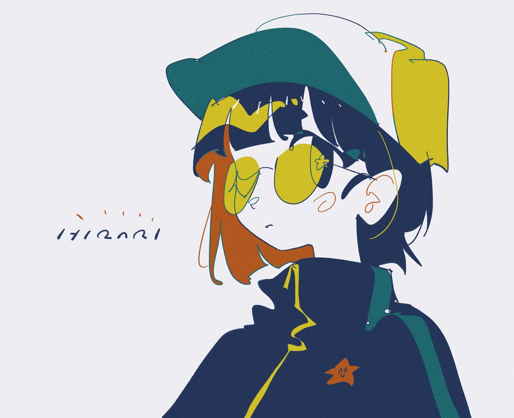 1girl artist_name baseball_cap black_eyes black_hair black_jacket colored_inner_hair hat headphones hirari_in jacket long_bangs looking_at_viewer multicolored_hair one_eye_closed orange_hair original parted_lips portrait sidelocks simple_background solo striped_clothes striped_jacket sunglasses tinted_eyewear track_jacket two-tone_hair white_background white_hat yellow-tinted_eyewear zipper zipper_pull_tab