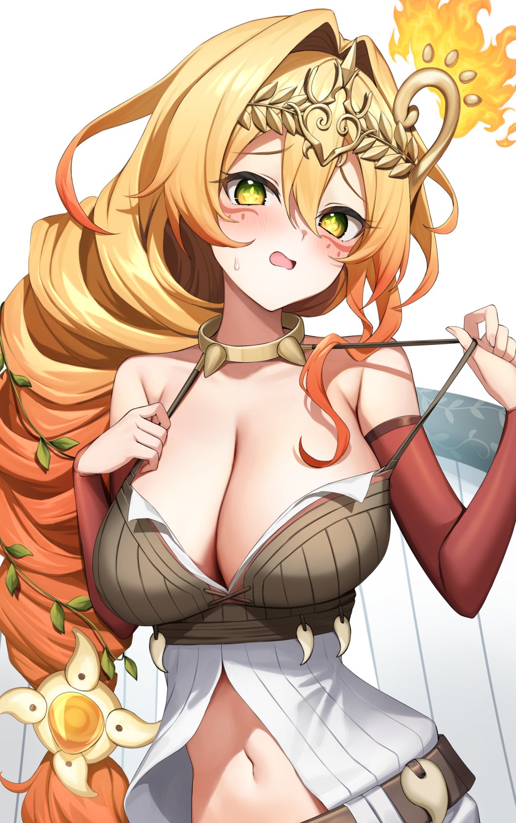 1girl agibe belt blonde_hair breasts bridal_gauntlets cleavage cowboy_shot crop_top duel_monster elbow_gloves facial_mark fingernails fire gloves green_eyes highres large_breasts midriff navel open_mouth orange_hair solo spiritual_beast_tamer_lara strap_pull symbol-shaped_pupils yu-gi-oh!