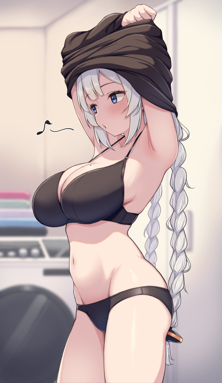 1girl armpits arms_up b.c black_bra black_panties blue_eyes blurry blurry_background blush bra braid breasts commentary_request cowboy_shot grey_hair hair_ornament highres kizuna_akari large_breasts long_hair long_sleeves musical_note o3o panties parted_lips solo standing stomach twin_braids underwear underwear_only undressing very_long_hair vocaloid voiceroid washing_machine whistling