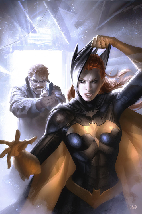 artist_request barbara_gordon batgirl batman_(series) belt breasts cape coat dc_comics facial_hair father_and_daughter glass gloves gun handgun holding holding_weapon james_gordon large_breasts long_hair looking_at_viewer mask mustache non-web_source orange_hair pointing realistic source_request unworn_mask weapon