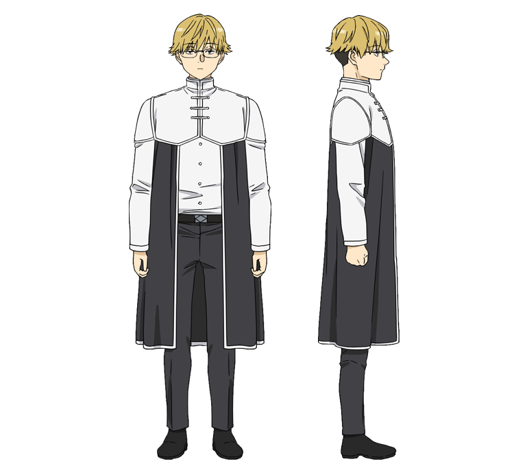 1boy black_footwear black_pants blonde_hair expressionless from_side full_body glasses land_(sousou_no_frieren) long_sleeves male_focus official_art pants profile reference_sheet short_hair sousou_no_frieren straight-on transparent_background white_tunic