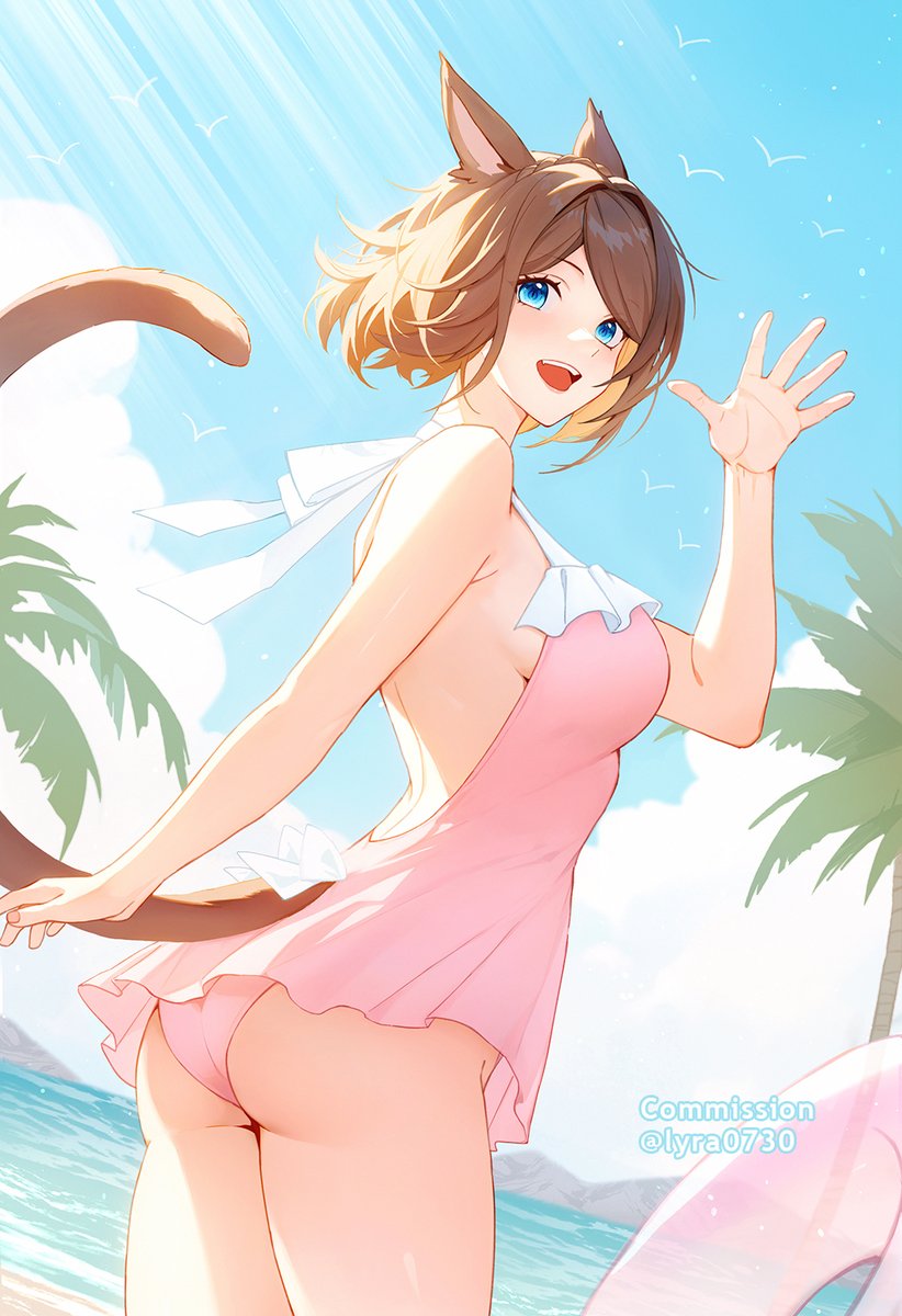 1girl animal_ears ass blue_eyes breasts brown_hair casual_one-piece_swimsuit cat_ears cat_tail day dutch_angle final_fantasy final_fantasy_xiv highres large_breasts looking_at_viewer lyra-kotto miqo'te one-piece_swimsuit open_mouth outdoors palm_tree short_hair solo swimsuit tail tree