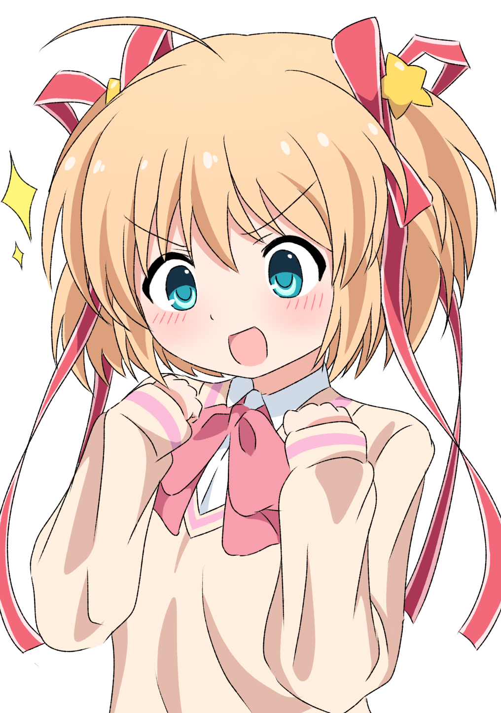 1girl :d ahoge aqua_eyes blonde_hair blush bow commentary hair_between_eyes hair_ornament hair_ribbon hands_up happy highres kamikita_komari little_busters! long_ribbon looking_down open_mouth pink_bow red_ribbon ribbon short_hair silky_(silky_illust) simple_background sleeves_past_wrists smile smug solo sparkle star_(symbol) star_hair_ornament sweater tareme two_side_up v-shaped_eyebrows white_background yellow_sweater