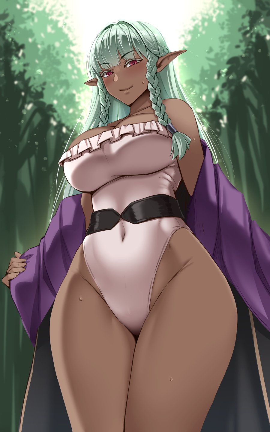 1girl akitsuki_karasu braid breasts closed_mouth covered_navel dark-skinned_female dark_skin forest green_hair heart heart-shaped_pupils highres large_breasts long_hair long_sleeves looking_at_viewer nature off_shoulder outdoors pink_eyes pointy_ears red_eyes rosalinde_(unicorn_overlord) smile solo symbol-shaped_pupils tree twin_braids unicorn_overlord wet