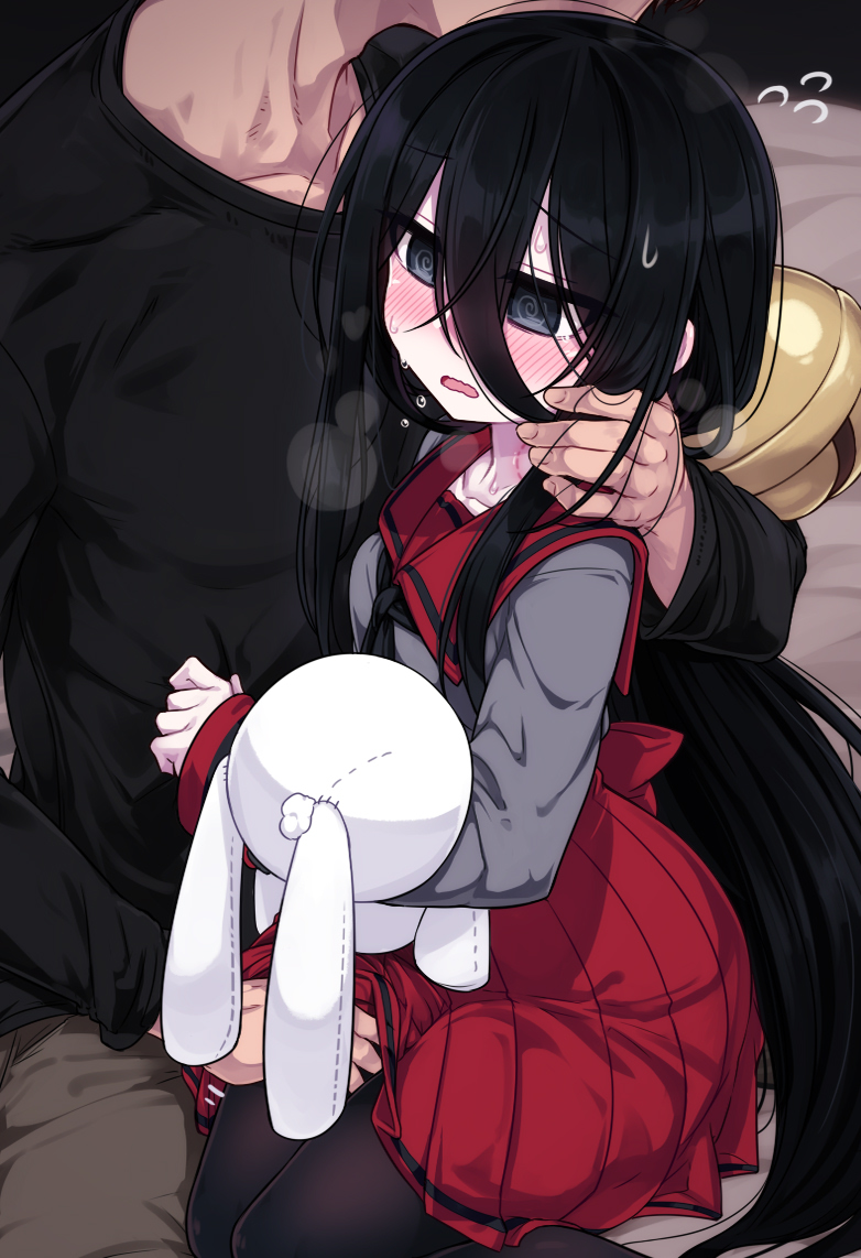 1boy 1girl @_@ bell bite_mark bite_mark_on_neck black_eyes black_hair black_pantyhose blush chuugoku_usagi collarbone grey_shirt hair_bell hair_between_eyes hair_ornament hetero long_hair null_(nyanpyoun) pantyhose red_skirt school_uniform serafuku shirt skirt stuffed_animal stuffed_rabbit stuffed_toy sweat utau voicevox