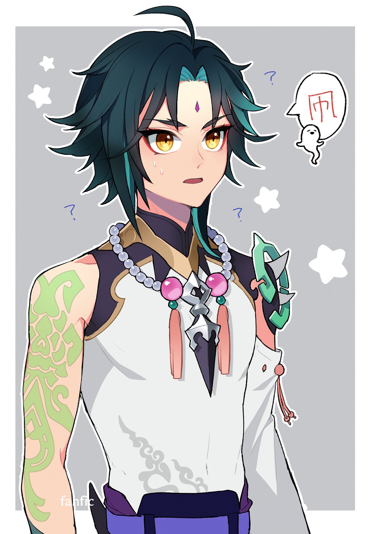 1boy ? ?? arm_tattoo bead_necklace beads black_hair boo_tao_(genshin_impact) border facial_mark forehead_mark genshin_impact green_hair grey_background highres jewelry kh66gs male_focus multicolored_hair necklace open_mouth short_hair simple_background solo star_(symbol) tattoo white_border xiao_(genshin_impact) yellow_eyes