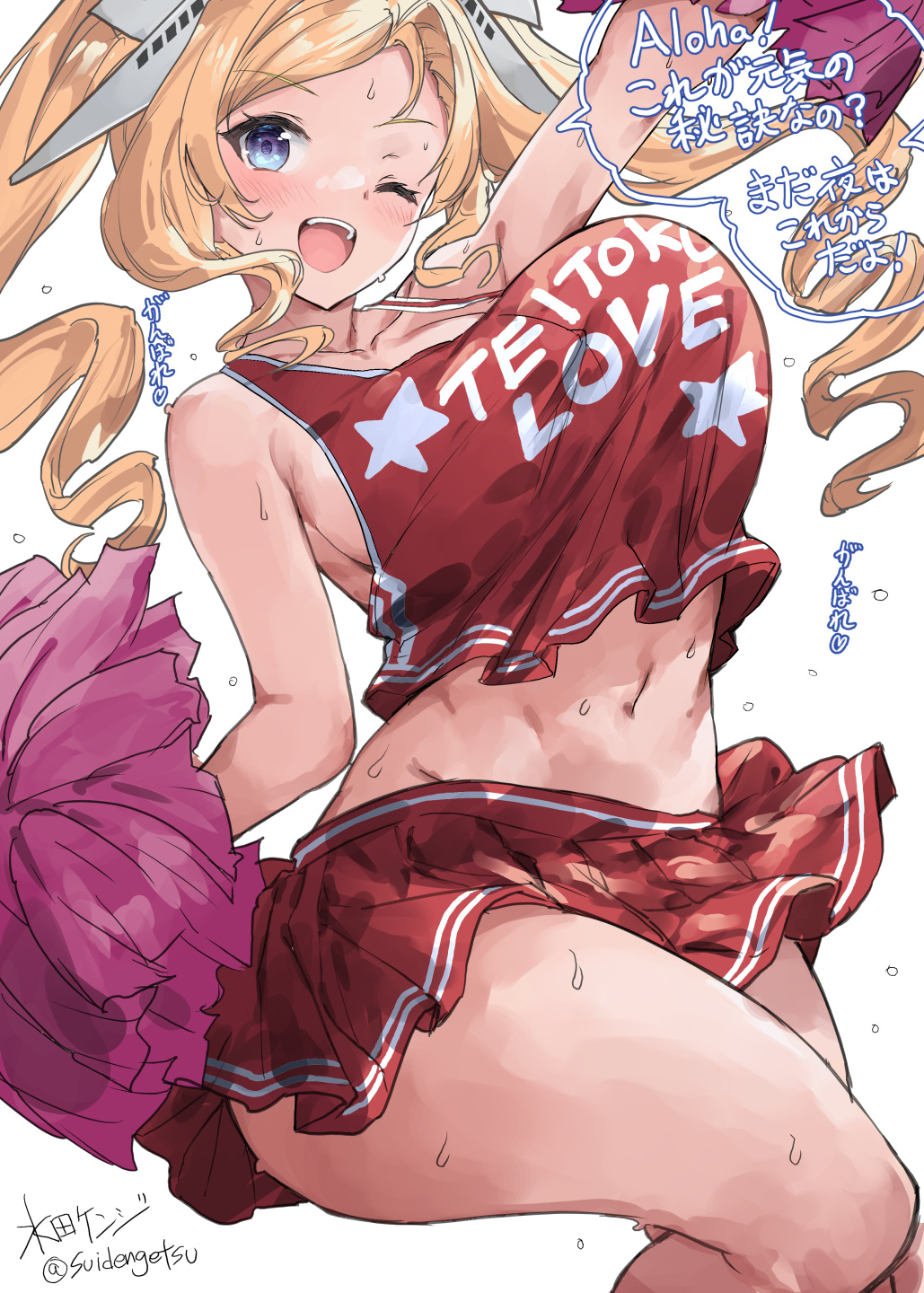 1girl alternate_costume blonde_hair blue_eyes blush bouncing_breasts breasts cheerleader clothes_writing crop_top headgear highres honolulu_(kancolle) kantai_collection large_breasts long_hair looking_at_viewer midriff miniskirt mizuta_kenji one-hour_drawing_challenge one_eye_closed open_mouth pleated_skirt pom_pom_(cheerleading) red_skirt sidelocks signature simple_background skirt sleeveless solo sweat translation_request twintails twitter_username white_background
