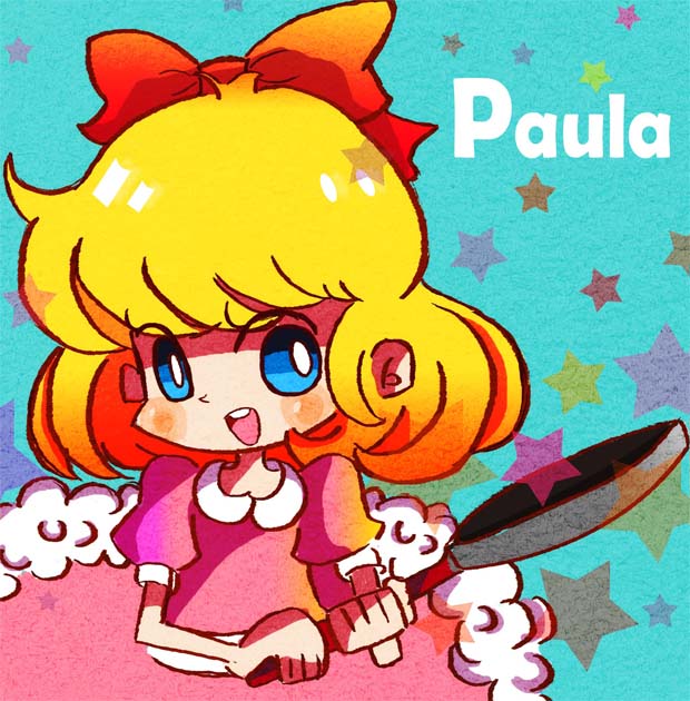 1girl blonde_hair blue_eyes blush_stickers bow bright_pupils character_name dress frying_pan hair_bow holding holding_frying_pan kumama_(amandak) mother_(game) mother_2 open_mouth paula_(mother_2) pink_dress red_bow short_hair solo star_(symbol) teeth upper_teeth_only white_pupils