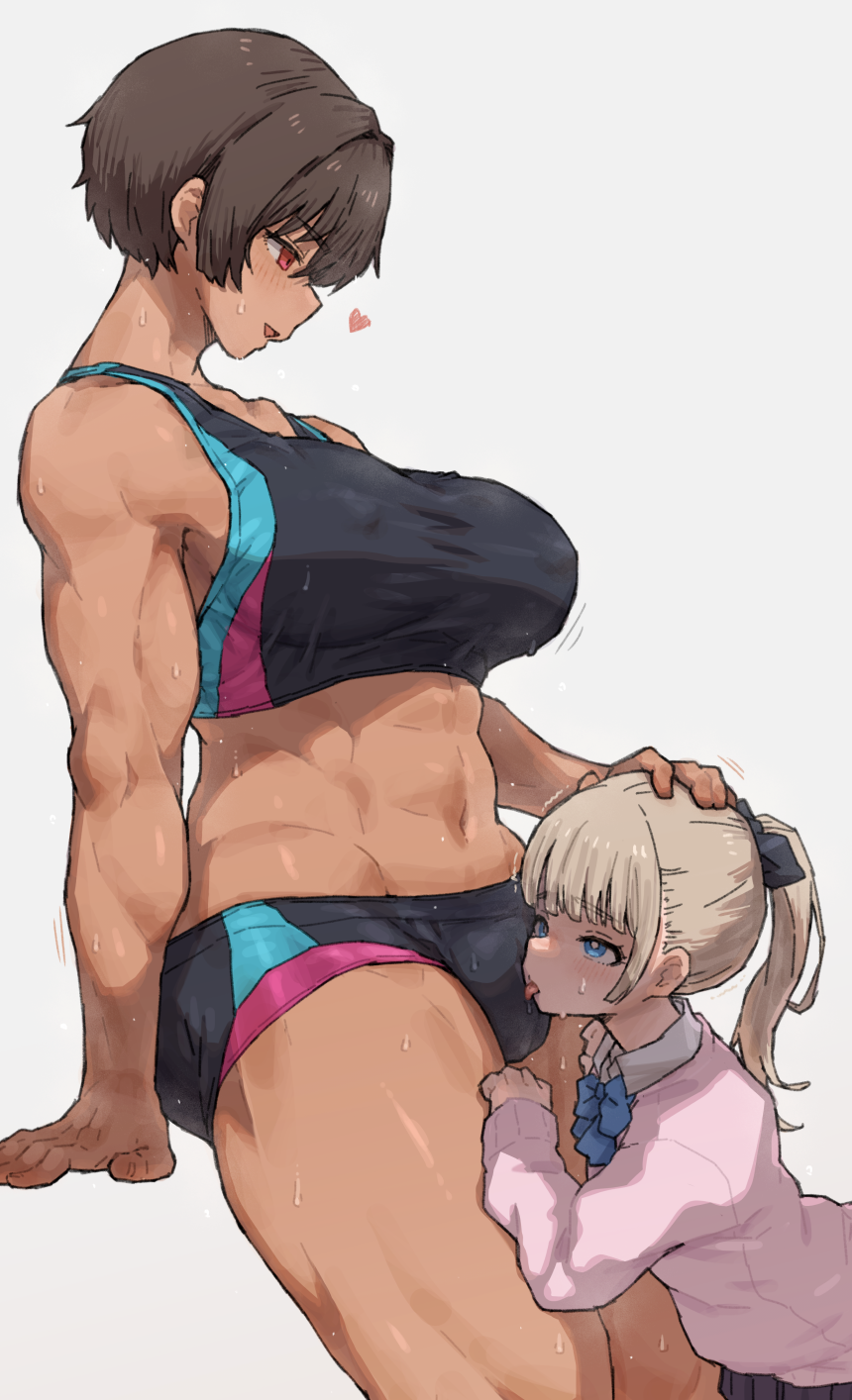 2girls abs biceps blonde_hair blue_eyes breasts brown_hair competition_school_swimsuit covered_nipples cunnilingus cunnilingus_through_clothes dark-skinned_female dark_skin gym_uniform height_difference highres kei_(m_k) large_breasts licking licking_panties long_hair m_k multiple_girls muscular muscular_female oral original panties ponytail red_eyes rika_(m_k) saliva school_swimsuit short_hair simple_background size_difference standing standing_cunnilingus sweat swimsuit tall tall_female tan through_clothes tomboy tongue underwear yuri