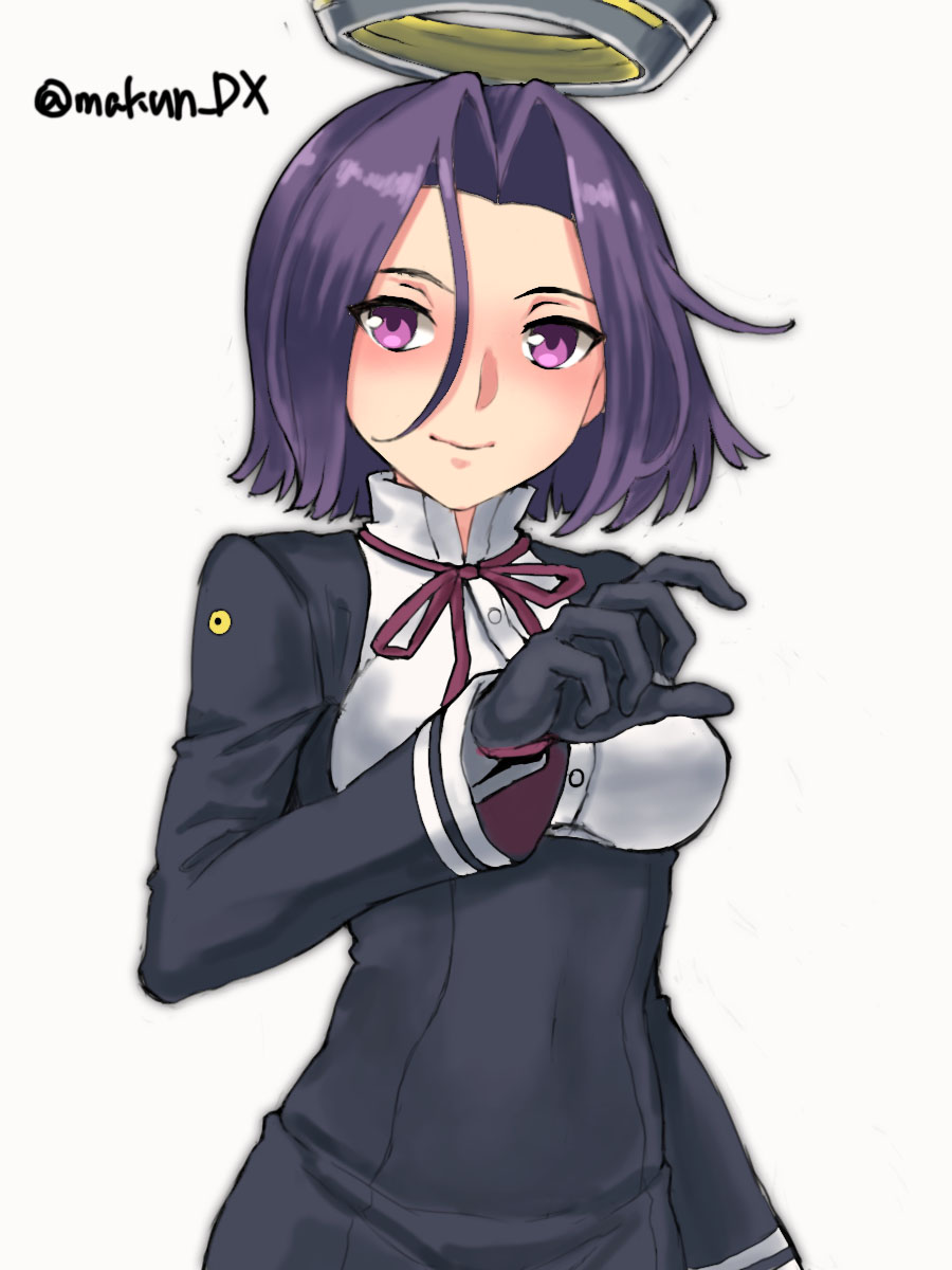 1girl black_dress black_gloves breasts dress gloves hair_between_eyes hair_intakes halo headgear highres kantai_collection maakun_(makun_dx) mechanical_halo medium_breasts neck_ribbon one-hour_drawing_challenge purple_eyes purple_hair ribbon short_hair simple_background smile solo tatsuta_(kancolle) twitter_username white_background