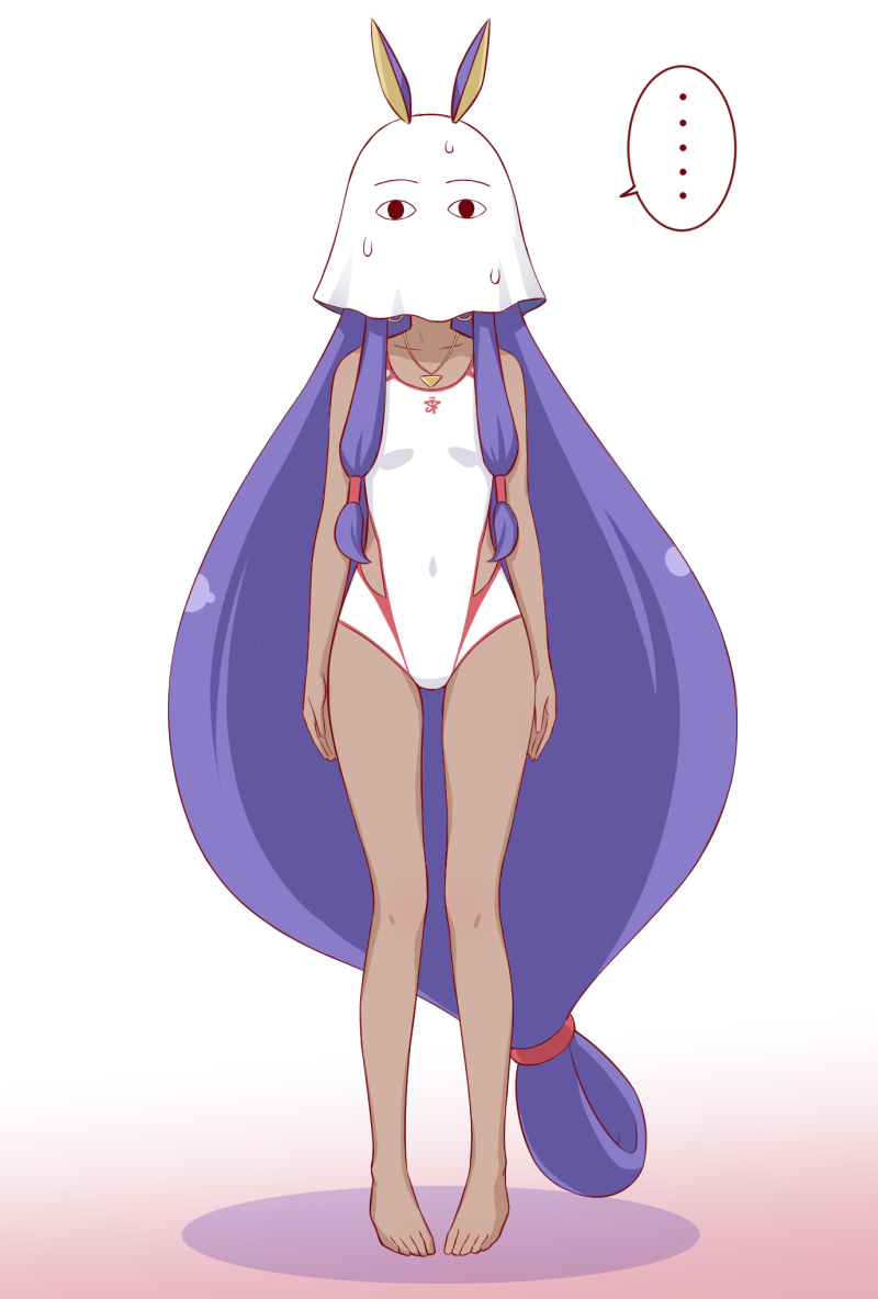 &lt;o&gt;_&lt;o&gt; 1girl animal_ears arms_at_sides bare_arms bare_legs bare_shoulders barefoot breasts collarbone commentary_request competition_swimsuit cosplay covered_navel dark_skin earrings facing_viewer fate/grand_order fate_(series) full_body gradient gradient_background ha-ru hoop_earrings ikasumi_(user_gsgn4323) jackal_ears jewelry legs_apart long_hair low-tied_long_hair mask medjed medjed_(cosplay) necklace nitocris_(fate/grand_order) nitocris_(swimsuit_assassin)_(fate) one-piece_swimsuit pendant pigeon-toed purple_hair sidelocks small_breasts solo speech_bubble spoken_ellipsis standing sweat swimsuit very_long_hair white_background white_swimsuit