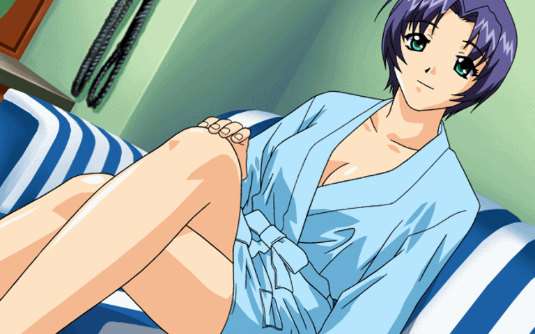 1girl animated animated_gif bangs bathrobe breasts center_opening cleavage collarbone couch crossed_arms dutch_angle edited female green_(game) green_eyes indoors large_breasts legs legs_crossed looking_at_viewer milf purple_hair robe shiny shiny_skin short_hair sitting solo takahashi_kanako