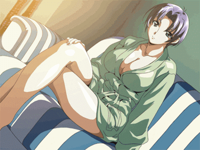 1girl animated animated_gif bangs bathrobe blue_eyes breasts center_opening cleavage collarbone couch crossed_arms dutch_angle edited female green_(game) indoors large_breasts legs legs_crossed looking_at_viewer lowres milf purple_hair robe shiny shiny_skin short_hair sitting solo takahashi_kanako