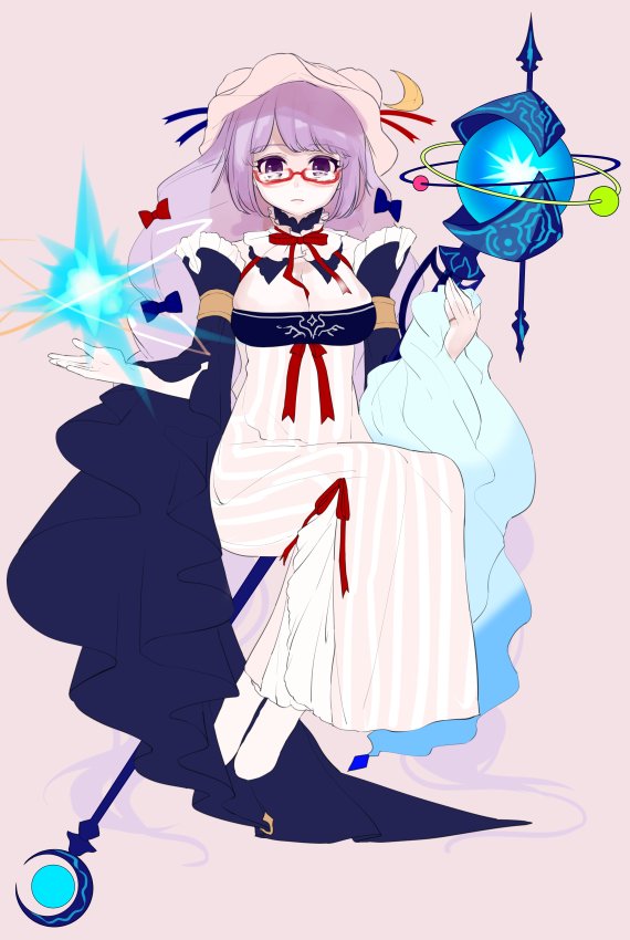 bad_id bad_twitter_id bangs bespectacled blue_bow bow breasts cleavage crescent crescent_hair_ornament dress full_body glasses gotoh510 hair_bow hair_ornament hat long_hair looking_at_viewer medium_breasts mob_cap patchouli_knowledge purple_eyes purple_hair red_bow semi-rimless_eyewear simple_background sketch solo staff striped striped_dress touhou under-rim_eyewear
