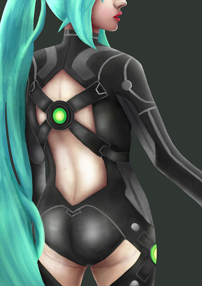 1girl ass back back_opening bodysuit choujigen_game_neptune compile_heart from_behind green_hair green_heart idea_factory lips lipstick long_hair neptune_(series) parted_lips ponytail solo vert very_long_hair