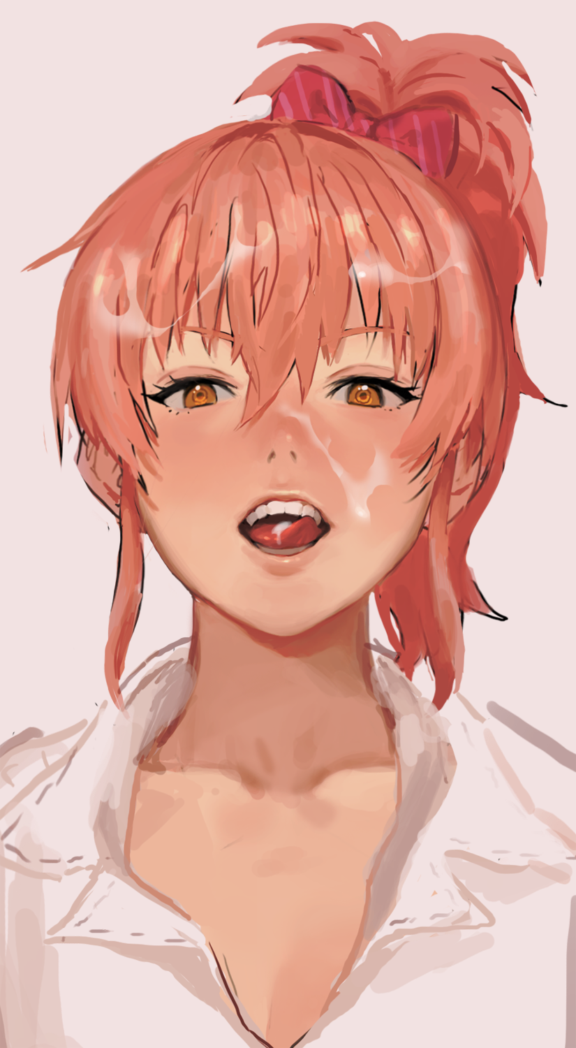 bad_id bad_pixiv_id cum cum_in_mouth facial highres idolmaster idolmaster_cinderella_girls jougasaki_mika looking_at_viewer open_mouth pink_hair rr_(suisse200) solo teeth tongue tongue_out yellow_eyes