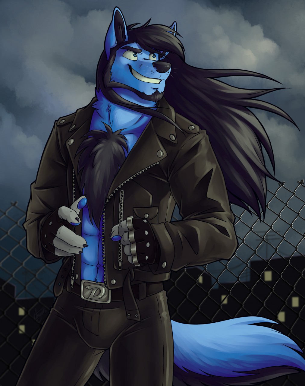 2017 5_fingers abs ango76 anthro beard belt black_claws black_clothing black_gloves black_hair black_nose black_tail blue_eyes blue_fur blue_tail body_hair brass_knuckles brown_bottomwear brown_clothing brown_pants brown_topwear building canine chest_hair city claws clothed clothing cloud detailed_background digital_media_(artwork) dog dray_(character) eyebrows facial_hair fence fingerless_gloves front_view fully_clothed fur gloves grin hair hi_res husky hybrid jacket long_hair looking_away male mammal melee_weapon multicolored_tail muscular muscular_male night open_jacket outside pants portrait signature smile solo standing teeth three-quarter_portrait two_tone_tail weapon whiskers wolf wusky