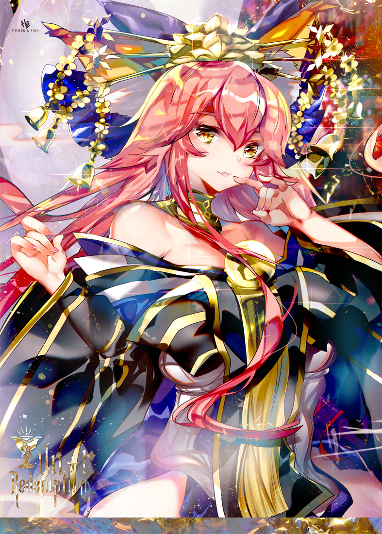 animal_ears bell blush breasts cleavage eyebrows_visible_through_hair fate/grand_order fate_(series) fox_ears heco_(mama) large_breasts long_hair looking_at_viewer parted_lips pink_hair smile solo tamamo_(fate)_(all) tamamo_no_mae_(fate) yellow_eyes