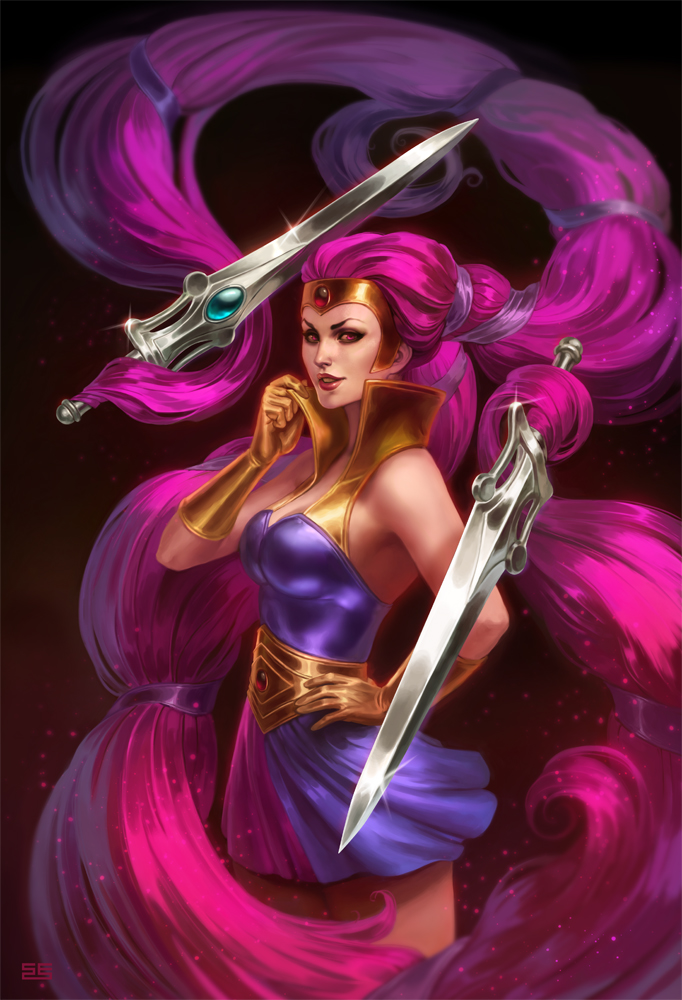 absurdly_long_hair artist_name bad_end breasts cleavage defeat entrapta gem gloves large_breasts lipstick long_hair makeup masters_of_the_universe pink_eyes pink_hair realistic signature simon_eckert solo sword sword_of_power sword_of_protection teeth tiara twintails upper_body very_long_hair weapon