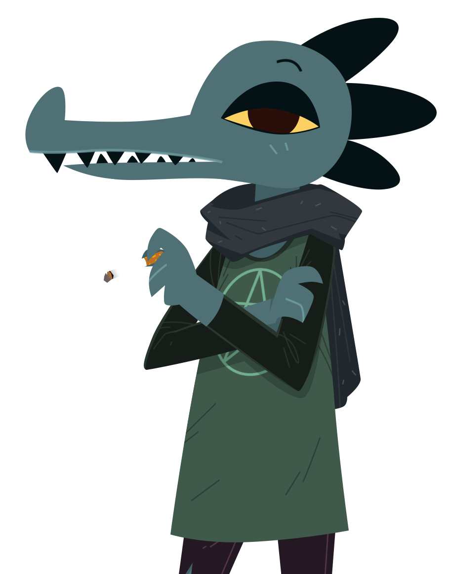 alligator anthro bea_(nitw) cigarette clothed clothing crocodilian equestria-prevails female fully_clothed half-closed_eyes looking_at_viewer night_in_the_woods pentagram reptile scalie scarf sharp_teeth solo teeth