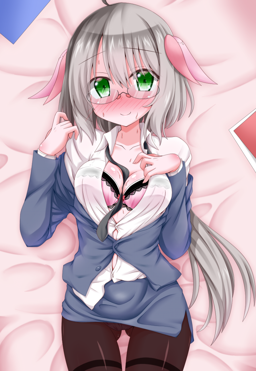ahoge ass_visible_through_thighs bed bespectacled between_breasts blush bra breasts cleavage flower_knight_girl glasses green_eyes hair_ornament highres medium_breasts necktie necktie_between_breasts oden_(th-inaba) panties pantyhose ponytail serruria_(flower_knight_girl) silver_hair solo underwear