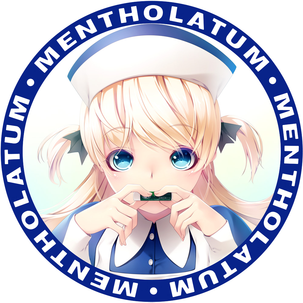 blonde_hair blue_eyes copyright_name hat little_nurse long_hair looking_at_viewer mentholatum nurse_cap rezi round_image solo two_side_up upper_body