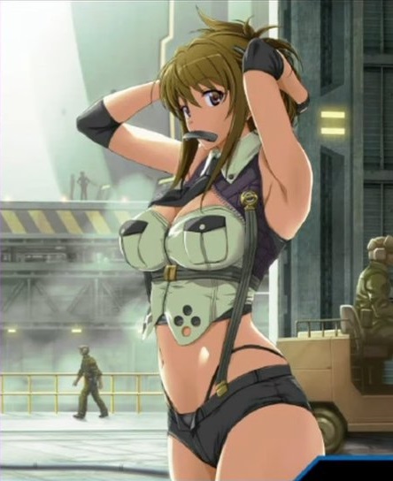 1girl armpits banpresto bare_shoulders breasts cleavage full_body green_hair kisaragi_chitose large_breasts long_hair navel shorts solo super_robot_wars super_robot_wars_v thighs