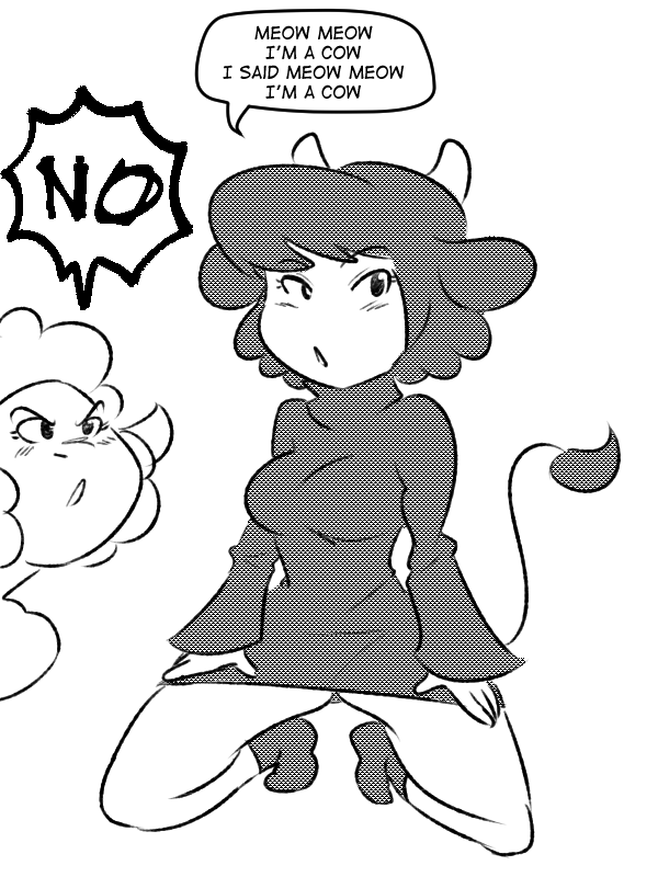 angry anthro beep_beep_i'm_a_sheep black_and_white blush bovine breasts caprine cattle duo english_text female horn leggy_lamb mammal monochrome sheep sheep_wrecked smaggthesmug speech_bubble text