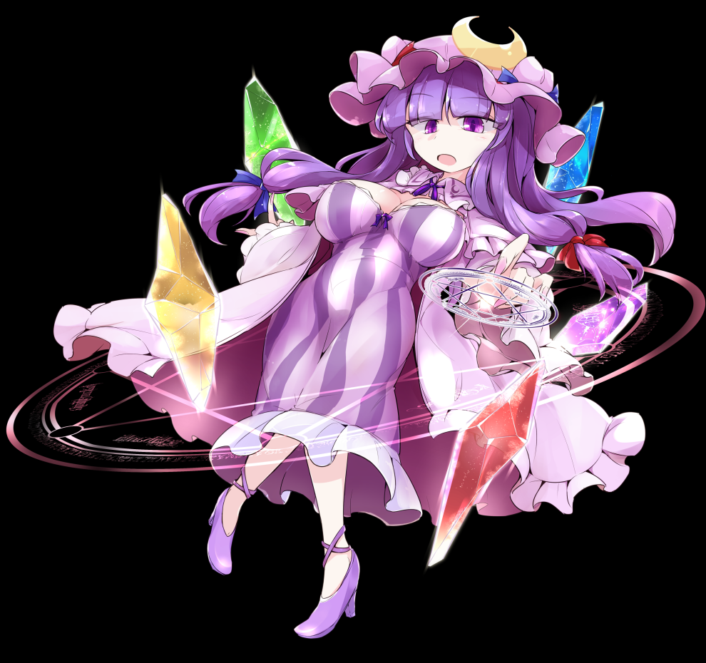 bangs black_background blue_bow blunt_bangs bow breasts capelet cleavage crescent crescent_hair_ornament crystal dress full_body fumitsuki_(minaduki_6) hair_bow hair_ornament hat high_heels large_breasts long_hair looking_at_viewer magic_circle mob_cap patchouli_knowledge purple_dress purple_eyes purple_footwear purple_hair purple_hat red_bow shoes simple_background solo striped striped_dress touhou