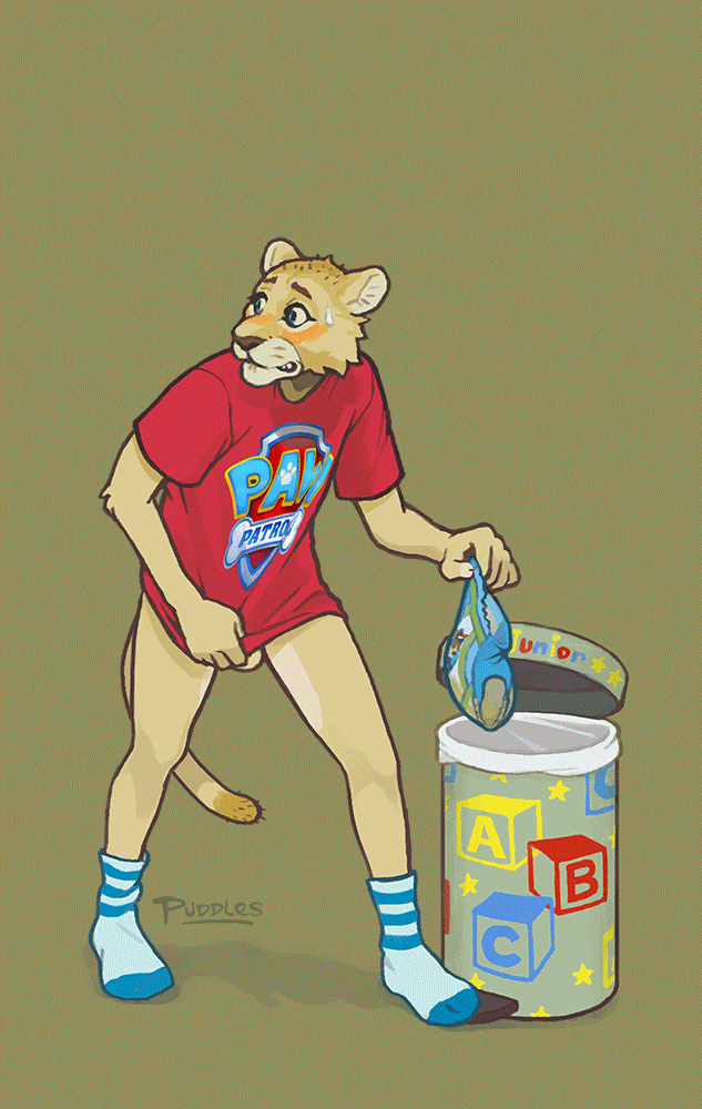 animated anthro balls bottomless clothed clothing diaper feline lion male mammal paw_patrol puddlepup urine wet_diaper