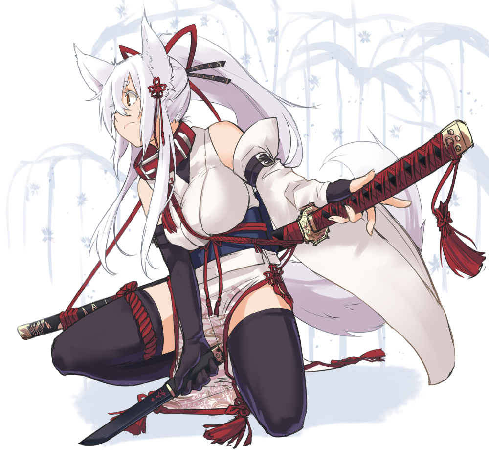 animal_ears arm_belt bare_shoulders black_legwear breasts collar fox_ears fox_tail fuchi_(hilt) gloves hair_ribbon japanese_clothes katana kneeling kojiri large_breasts long_hair obijime original ponytail ribbon sageo sakura_inu saya_(scabbard) serious solo sword tail tantou tassel thighhighs tsuba_(guard) tsuka-ito tsuka_(handle) weapon white_hair yellow_eyes