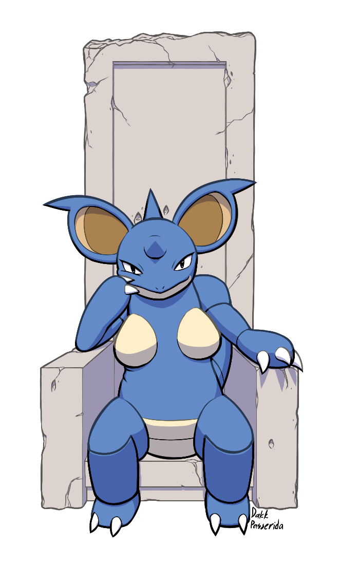 1girl animal_ears arm_up artist_name black_eyes breasts chair claws dakkpasserida feet full_body hand_up horns legs_apart looking_at_viewer medium_breasts nidoqueen no_humans pokemon pokemon_(creature) pokemon_rgby signature simple_background sitting solo tail text throne transparent_background