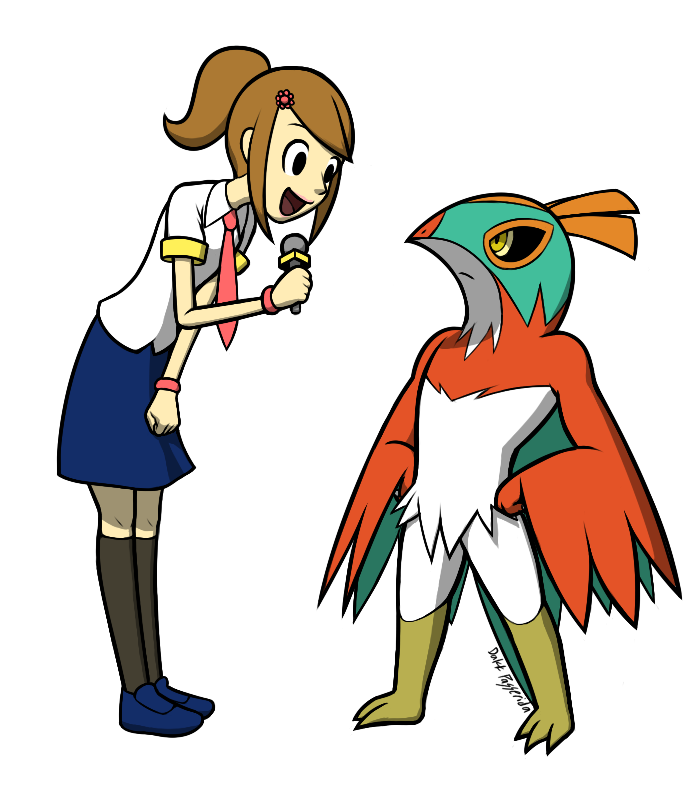 1girl artist_name bird black_eyes black_sclera black_socks blue_shoes blue_skirt brown_hair crossover dakkpasserida eye_contact feet from_side full_body hair_ornament hand_up hands_on_hips hawlucha kneehighs leaning_forward legs_apart looking_down looking_up microphone necktie open_mouth pink_necktie pokemon pokemon_(creature) pokemon_xy ponytail reporter_(rhythm_tengoku) rhythm_tengoku shirt shoes short_hair short_sleeves signature simple_background skirt smile socks standing text tied_hair transparent_background white_shirt wristband yellow_eyes