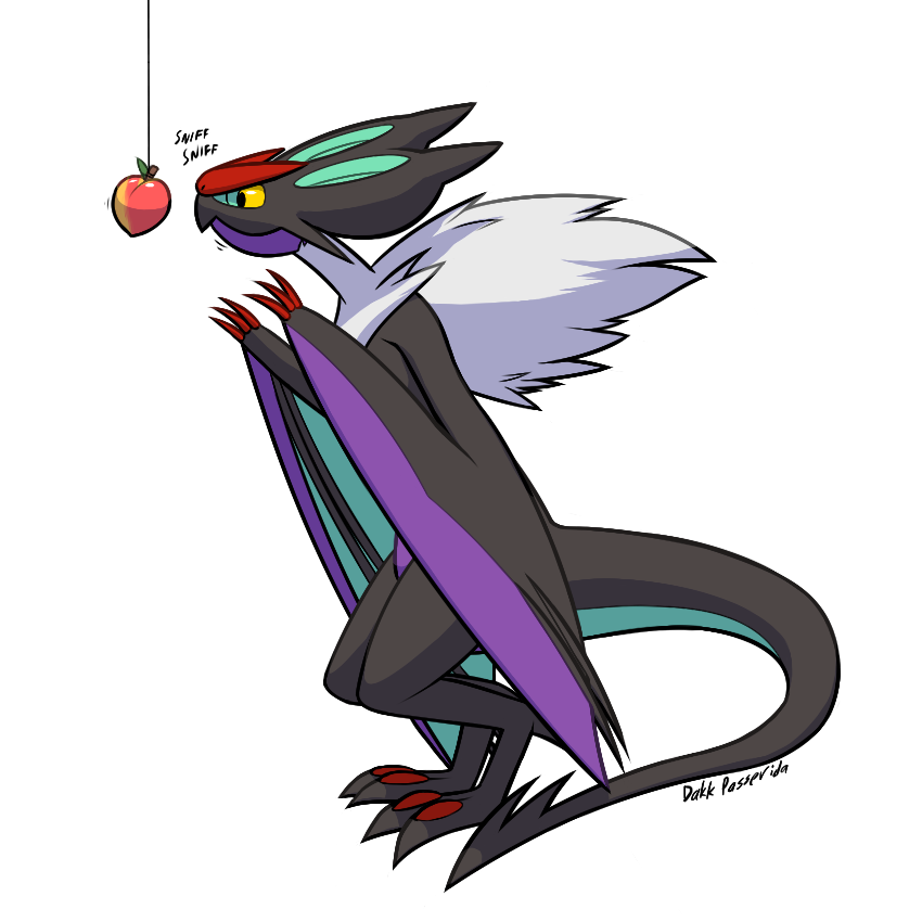 animal_ears artist_name bait black_eyes claws dakkpasserida english feet food from_side fruit full_body furry hands_up no_humans noivern peach pokemon pokemon_(creature) pokemon_xy signature simple_background smelling solo standing string tail text transparent_background wings yellow_sclera